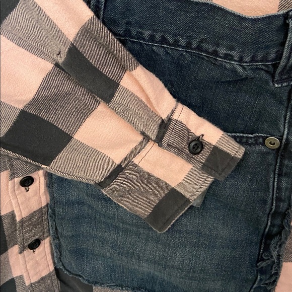 American Eagle Upcycled Flannel Led Zeppelin Patch Shirt Denim Pocket Large - Picture 5 of 13